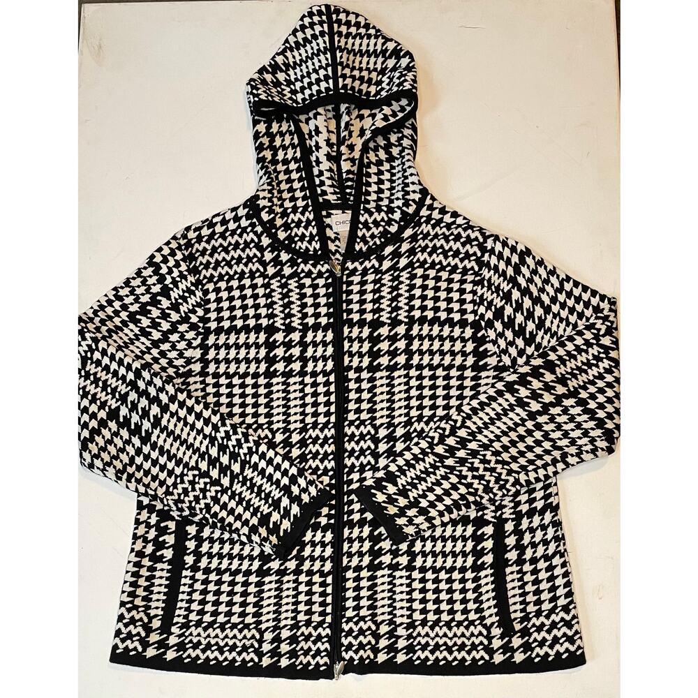 Chico’s Black White Houndstooth Zip Hoodie Jacket Sz 3 XL Silk Cotton Knit Retro